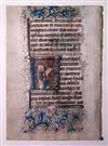 MANUSCRIPT LEAF.  Vellum leaf from Latin Book of Hours with 2 illuminated initials depicting SS. Nicholas and Augustine. 15th ct.